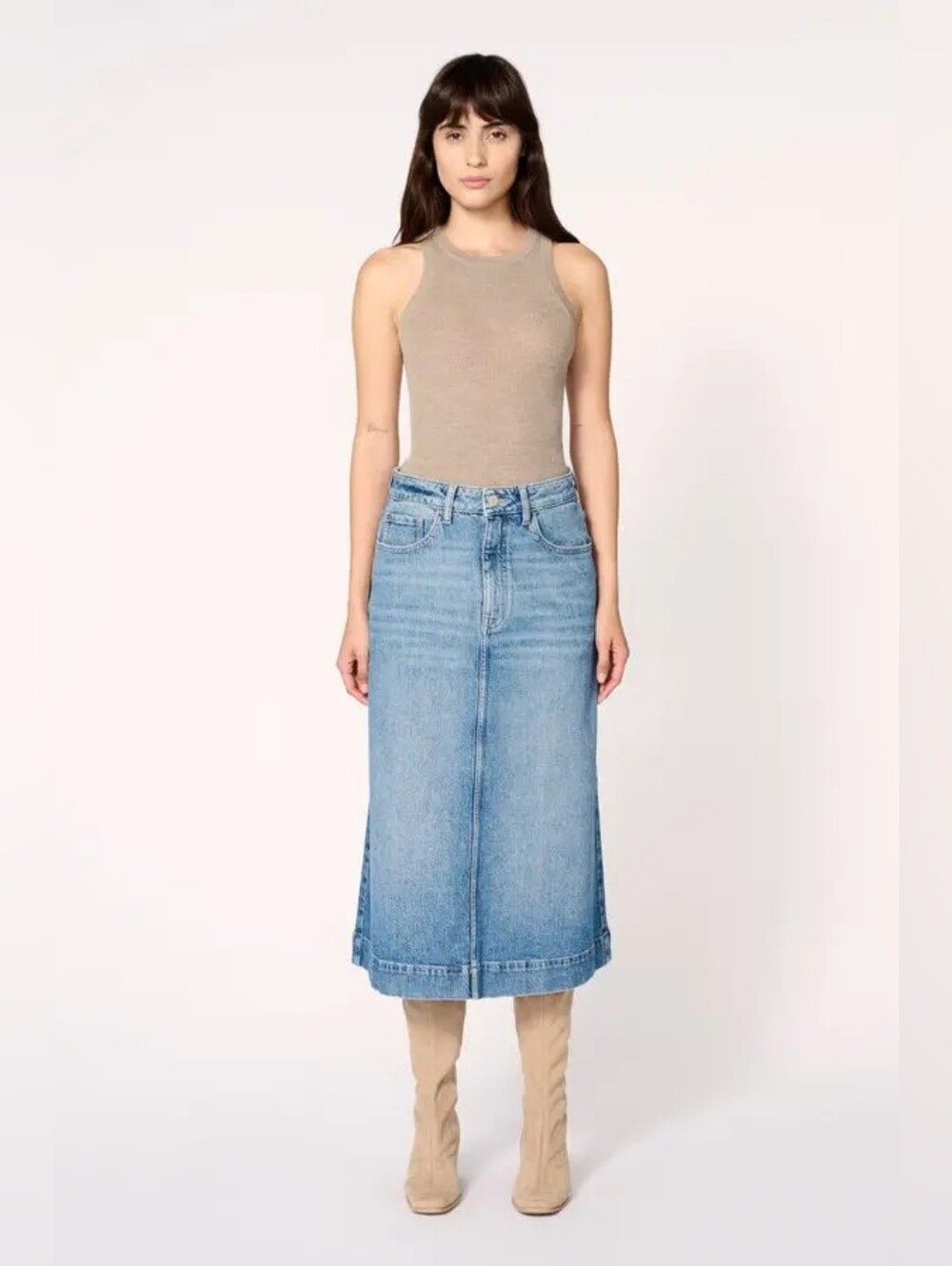 Warp + Weft Lin Midi Denim Jean A-Line Skirt